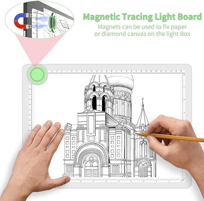 KOBAIBAN A4 Magnetic Light Box for Tracing, Rechargeable Diamond Art Light Board with Side Physical Buttons, 3 Color Light Modes Super Bright Light Pad for Diamond Painting, Weeding Vinyl (White)