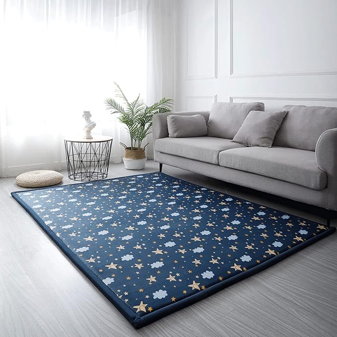 Loartee Coral Velvet Area Rug - 1" Thick Memory Foam Baby Play Mat, Washable Toddler Carpet, Home Decor for Living Room, Nursery, Kids Bedroom, Starry Blue, 4'3"x6'3"
