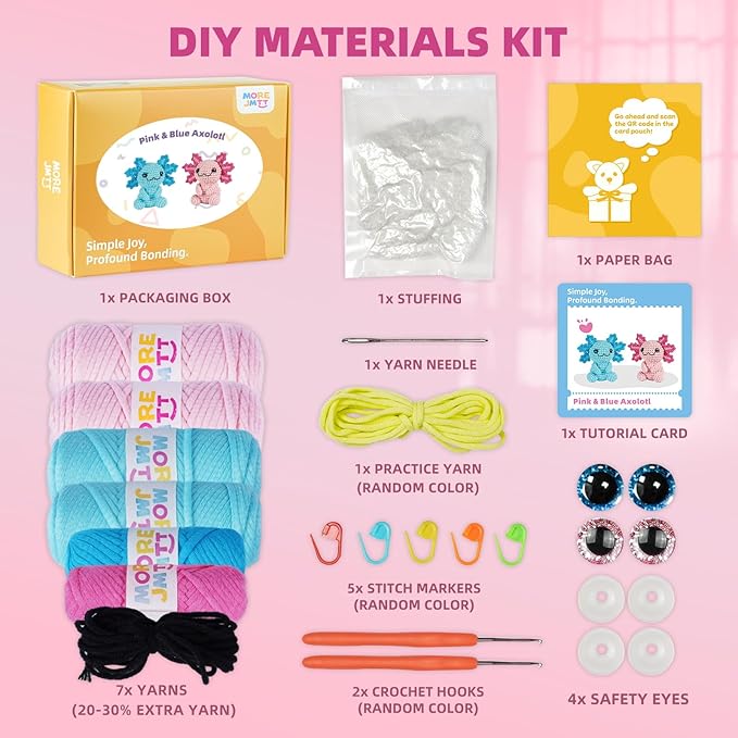 Crochet Kit for Beginners, Crochet Animal Kits,Crocheting Kit for Starters with Step-by-Step Video Tutorials, Beginner Crochet Kits for Adults (2Pack Axolotl)
