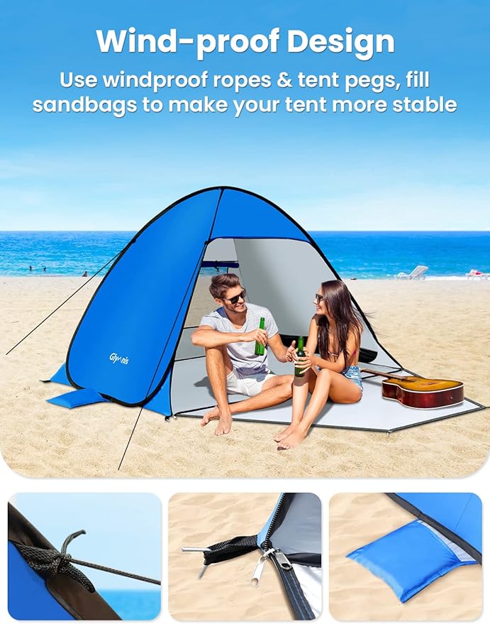 Glymnis Pop Up Beach Tent Beach Shade Tent for 1-4 Persons Sun Shelter UPF 50+ Enclose Zipper Door Portable Easy Up Beach Tent