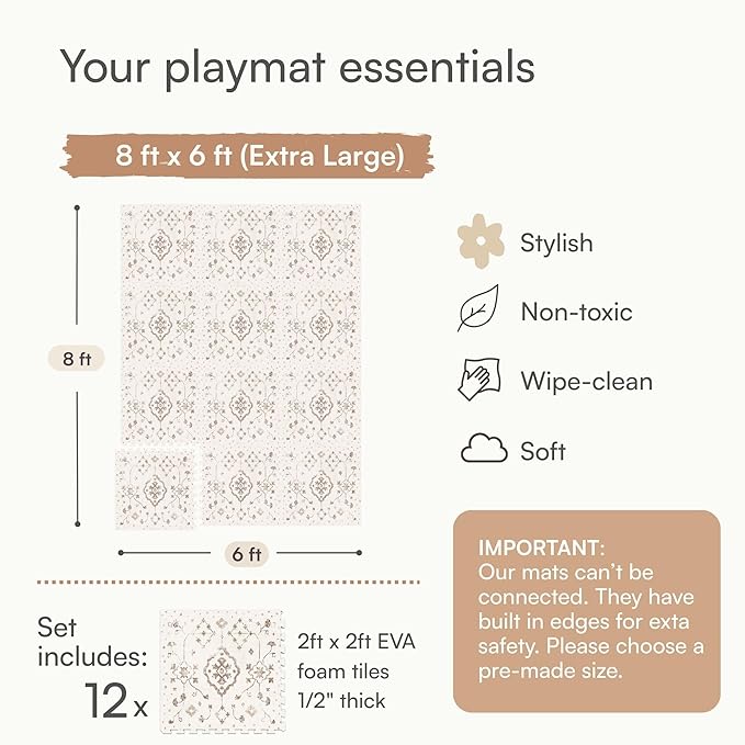Baby Play Mat for Floor – 6x8ft Vintage Coffee | Soft Non Toxic Premium EVA Foam Tiles for Tummy Time, Crawling & Playroom – Waterproof Floor Mat for Babies & Toddlers Lillefolk (12 Tiles)