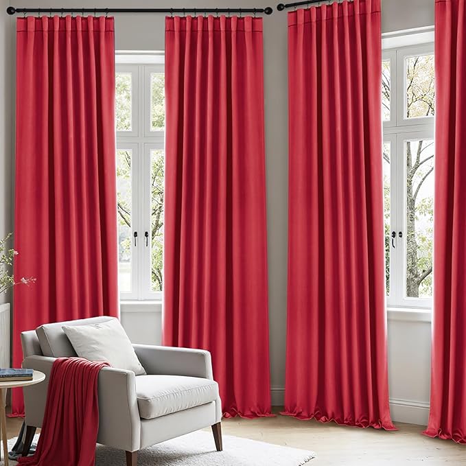 ANRODUO Back Tab Blackout Curtains for Bedroom Living Room, Rod Pocket Pinch Pleated Thermal Insulated Room Darkening Curtains 72 Inches Long 2 Panels, Red, 42 x 72 Inch