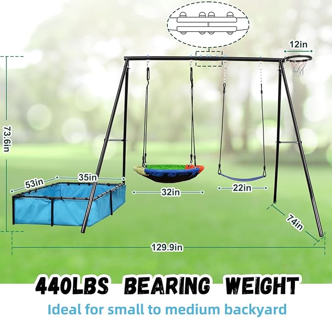 4-in-1 Heavy Duty Swing Set for Backyard – Large Metal Frame with Saucer Swing, Sandbox, Basketball Hoop & Single Swing Seat | Toddler to Kids Play Equipment | Outdoor & Indoor Use | Kids Gift