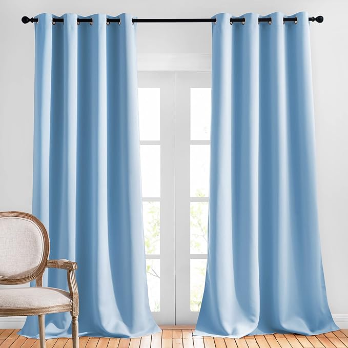 NICETOWN Room Darkening Curtains for Living Room, Grommet Window Treatment Thermal Insulated Solid Sound Reducing Drapes for Bedroom, Blue, Set of 2, W52 x L102
