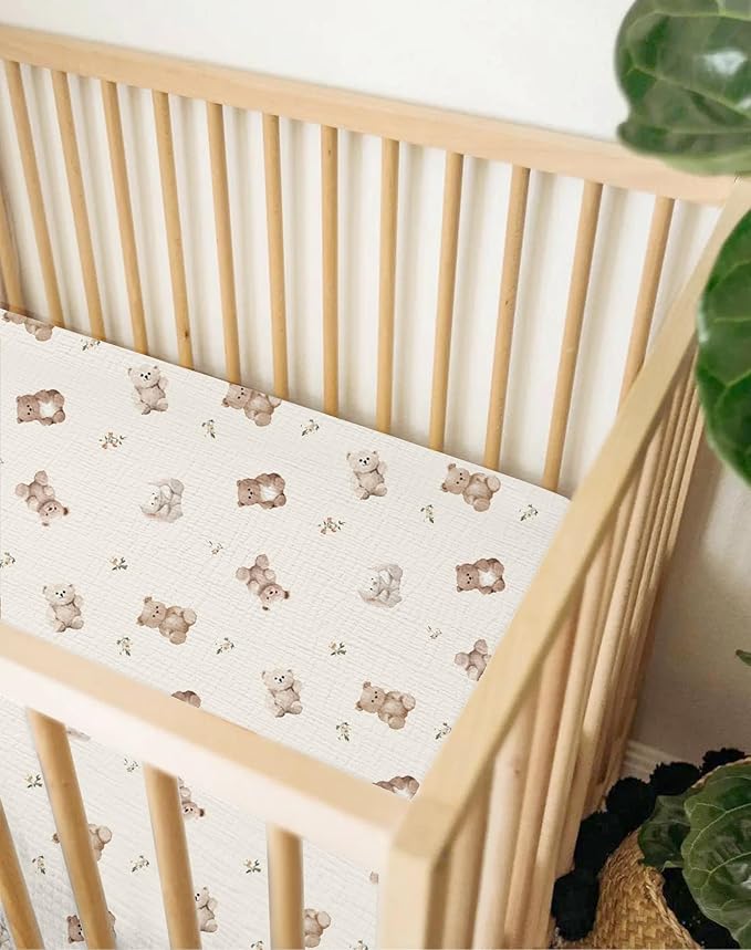 Bassinet Sheet for Baby Boy and Girl 2 Pack, Fitted Sheets for Rectangle, Oval, Hourglass Bassinet Mattress, Muslin Moses Basket Sheets with Neutral Style (Teddy & Friends)
