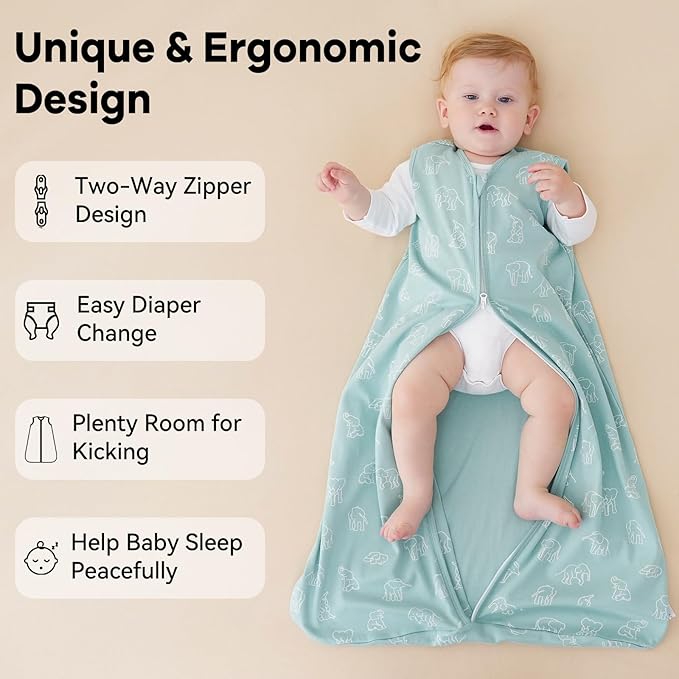 Baby Sleep Sack 0-6 Months 0.5 Tog Wearable Blanket Baby, 3 Pack 100% Cotton Lightweight Sleeping Sack with 2-Way Zipper for Newborn Infant Apricot Gray Green Elephant