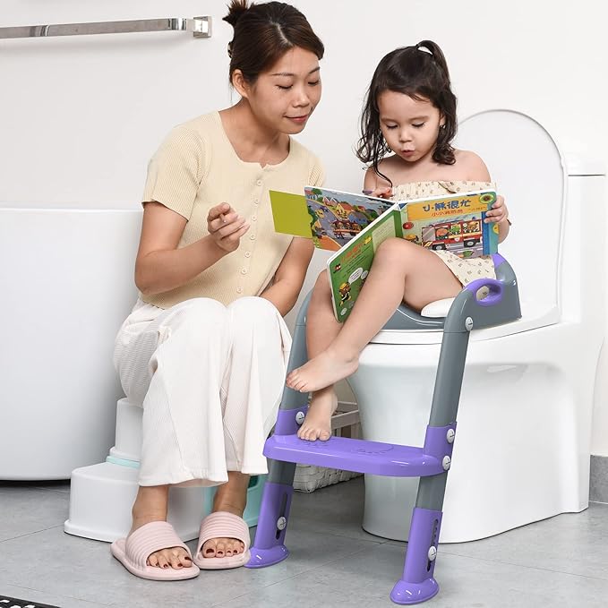 Potty Training Seat with Step Stool Ladder, SKYROKU Potty Training Toilet for Kids Boys Girls Toddlers - Comfortable Safe Potty Seat with Anti-Slip Pads Ladder Grey Purple