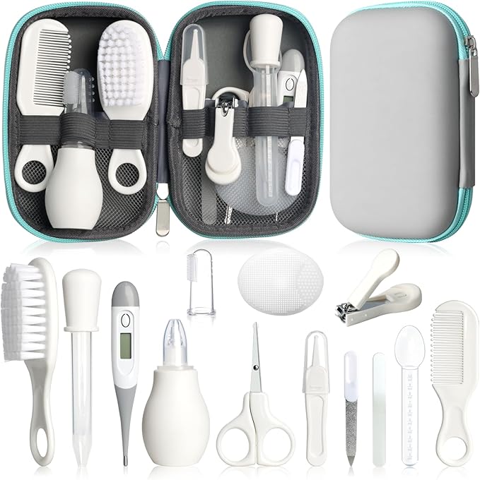Baby Grooming Kit, Infant Safety Care Set with Hair Brush Comb Nail Clipper Nasal Aspirator,Baby Essentials Kit for Newborn Girls Boys (Grey White)