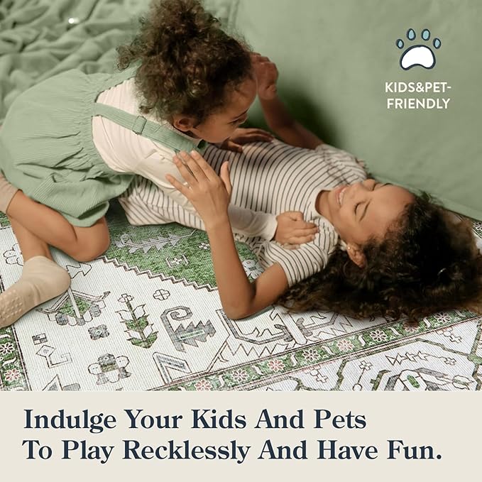 Lahome Boho Green Hallway Runner - 2x6 Washable Kitchen Runner Rug Non-Slip, Ultra-Thin Vintage Print Carpet Rug for Entryway Bedroom Laundry Room (Green, 2'x6')