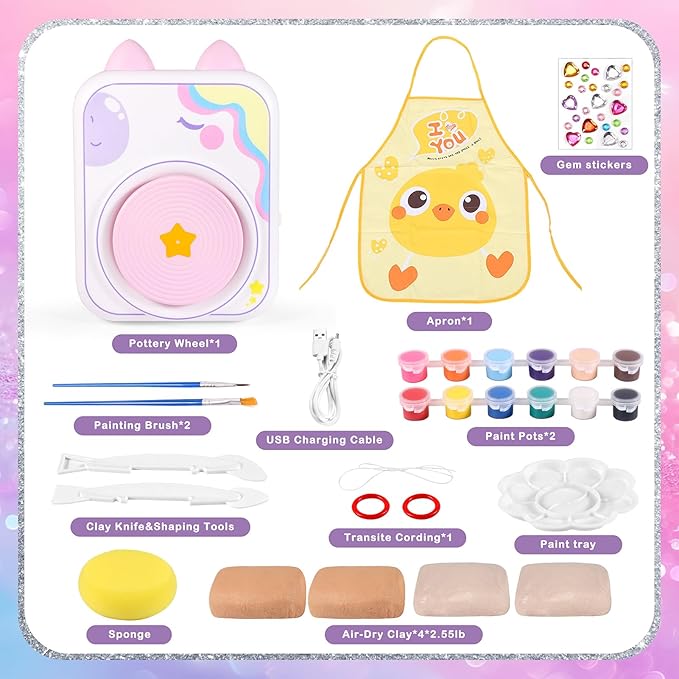 Pottery Wheel for Kids，Art Supplies Arts & Crafts Kit, Crafts Toys for Girls 8-12, Pottery Studio Craft Kit with 4 Pack Air-Dry Clay,Girls Toys Birthday Christmas Gift for Kids Ages 6 7 8 9 10 11 12+