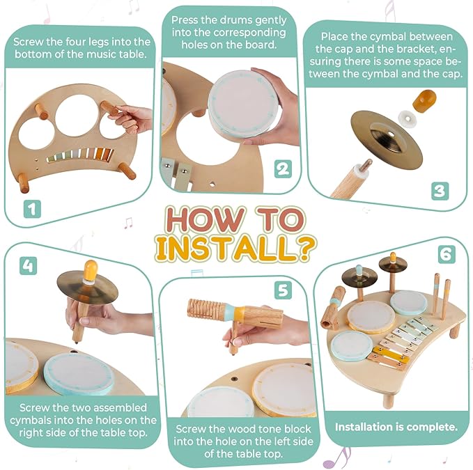 Kids Drum Set, Montessori Musical Instruments for Toddlers 1-3, Wooden Musical Toys for Baby 12-18 Months, Preschool Educational Xylophone Drum Kit, Birthday Gift for Boys Girls Ages 3+