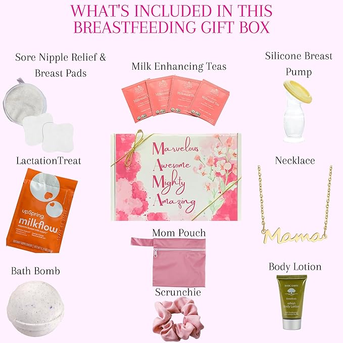 New Mom Postpartum Breastfeeding Essentials Kit for Nursing Mama, Lactation Tea, Silicone Breast Pump, Reusable Breast Pads, Pain Relief for Sore Cracked Nipples, Spa and Relaxation Basket Box Set