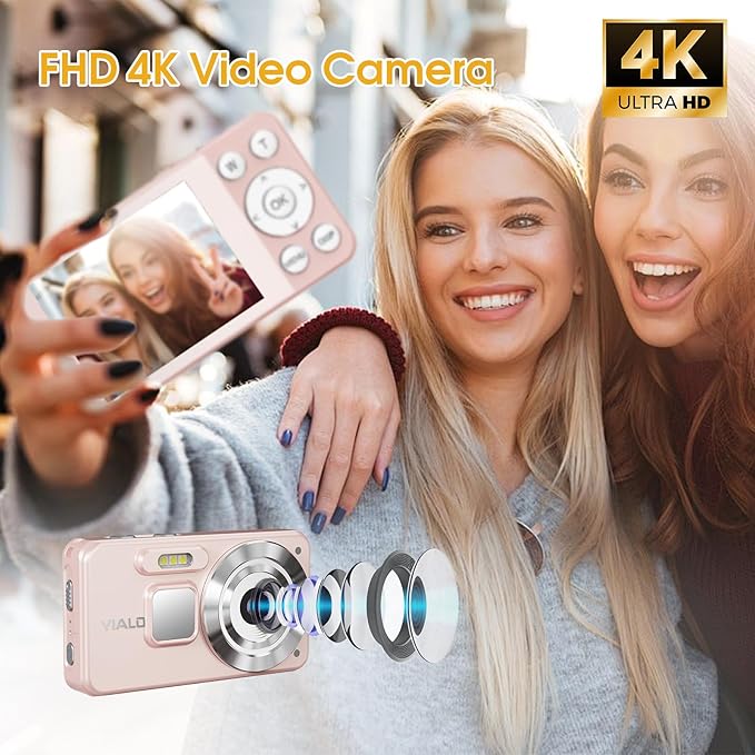 4K Digital Camera for Teens, FHD 64MP Digital Camera for Kids with 64GB SD Card, 18X Digital Zoom Cameras for Photography, Point and Shoot Video Camera for Kids, Pink