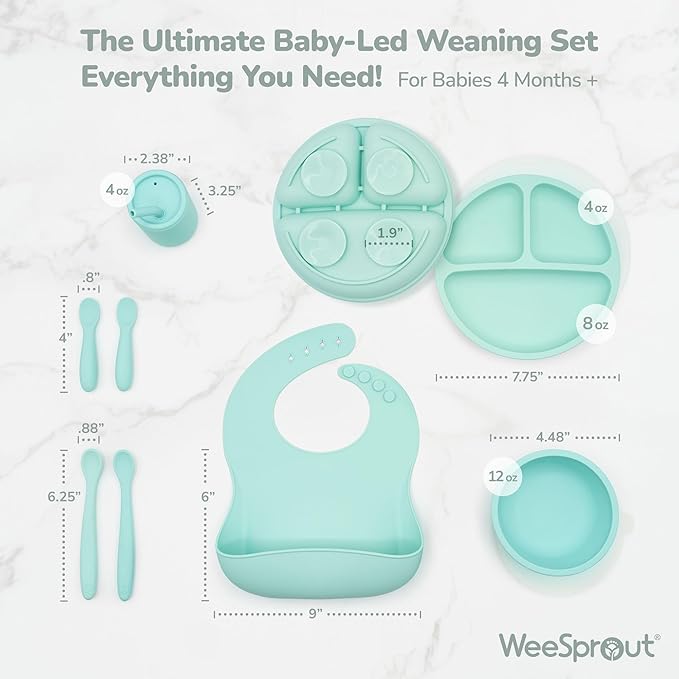 WeeSprout Baby Led Weaning Bundle, Silicone Suction Bowl, Spoons, Bib & Cup, Develops Self Feeding Skills, Dishwasher Safe (Blue)