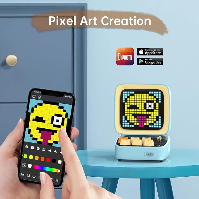 Divoom Ditoo Retro Pixel Art Game Bluetooth Speaker with 16X16 LED App Controlled Front Screen (Blue) …