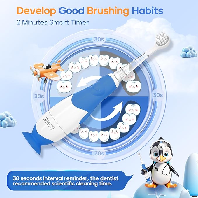 SEAGO Toddler Electric Toothbrushes for Baby Ages 0-3 Years, Baby Toothbrush with Smart Timer and Suction Base, 4 Replacement Brush Heads SG-513 (Navy-C)