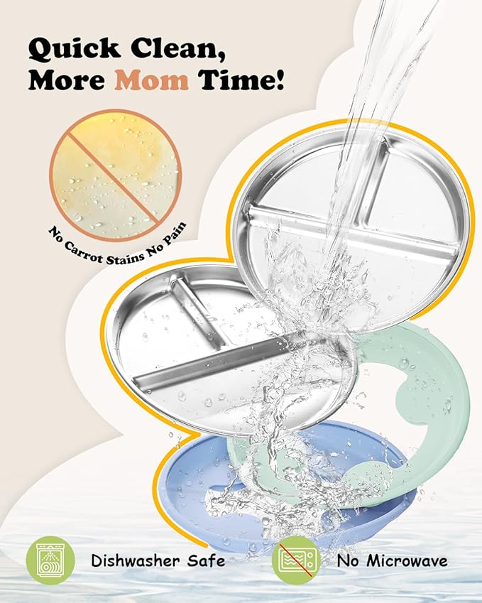 Stainless Steel Toddler Suction Plate with Lid, Deeper 9" Divided Plates with Removable Silicone Sleeves for Kids, Non Toxic & BPA Free | Unbreakable Baby Snack Dishes Set of 2, Blue & Sage