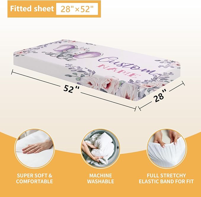 Personalized Baby Crib Bedding Set, 5 Pcs Custom Name Nursery Bedding Set, Purple Elephants Baby Bedding Set for Girls Boys, Double Layer Baby Crib Sets, Customized Gifts for Toddlers Infants