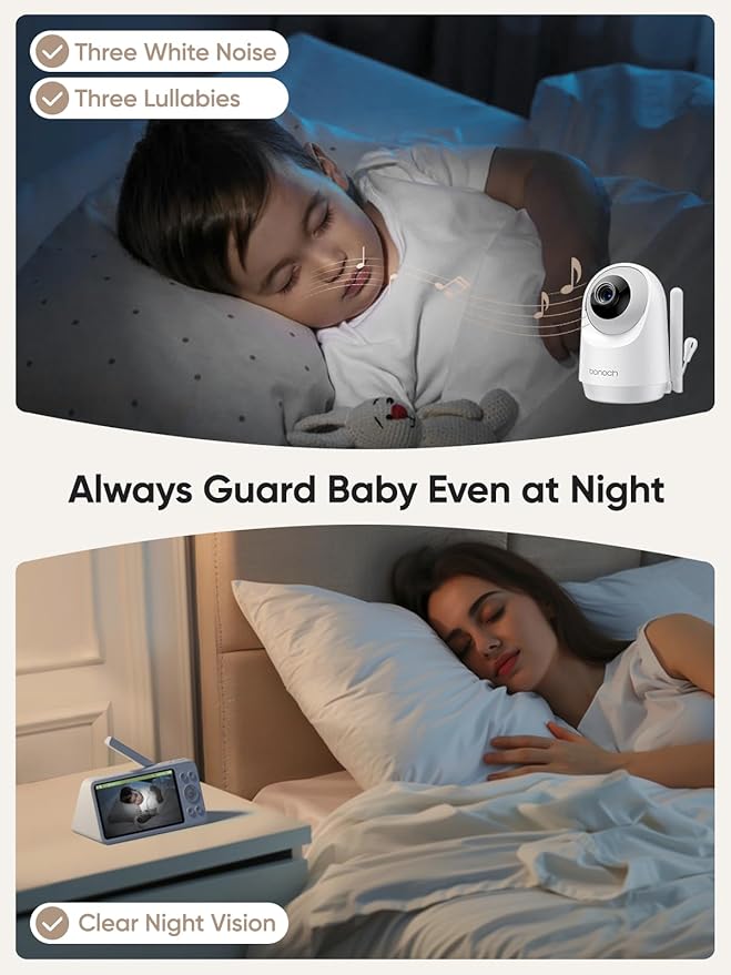 bonoch 5.5" 1440p Baby Monitor with Camera and Audio, No WiFi Baby Camera, 240h Lasting, Smart Detect Sleep Turn Over/Cry/Motion, 7800mAh, Hack Proof Video Monitor, Built-in Sound Machine White Noise