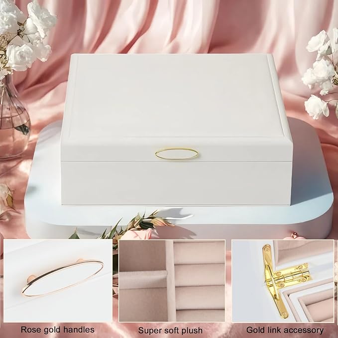 Jewelry Box Organizer for Women,White 2 Layer jewelry Stoarge Case,Built in Necklace Hook and Detachable Jewelry Tray,Indoor Jewelry Display Box