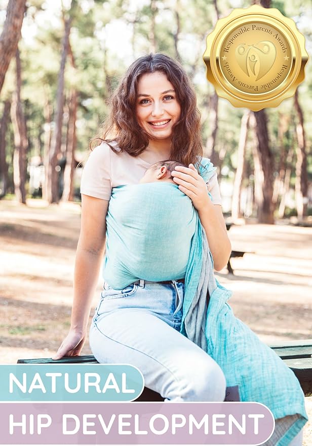 Baby Sling Carrier – Breathable 100% Cotton Wrap for Infant Support, Ring Sling Baby Carrier – Grey Turquoise Adjustable Muslin Fabric – Soft Chest Hold for Travel