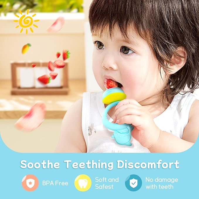 Baby Solids/Frozen Fruit Feeder Pacifier, Infant Teether Toy 4M+, BPA-Free Silicone Pouch & Nipple, Safely Introduce Solids, Teething Relief, 2-Pack (Dolphin - Blue Pink)