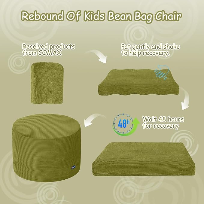 COMAX Kids Bean Bag Chair Turn into Beanbag Bed, Toddler Bean Chair Corduroy for Girl Boy Sleeping, Lazy Children Bean Bags with Filler, Convertible Child Floor Mattress, Light Green