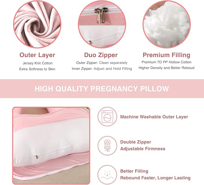 Pregnancy Pillow, Full Body Maternity Pillow 57 inch, with Removable Washable Cover - Sleep Support for Legs, Back, Neck, Shoulder, HIPS, Belly for Pregnent Women, Jersey Knit Cotton (Pink)