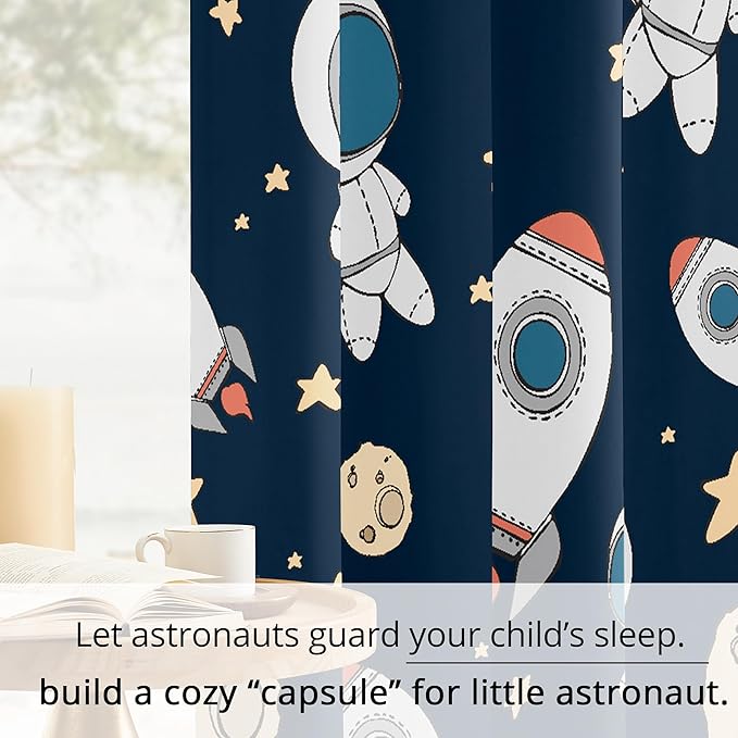 Kids Space Astronaut Planets Rockets Blackout Curtains - 100% Blackout, Thermal Insulated, Noise Reducing, for Kids Room and Nursery, 2 Panels (Astro Buddy Rockets, W52×L84)