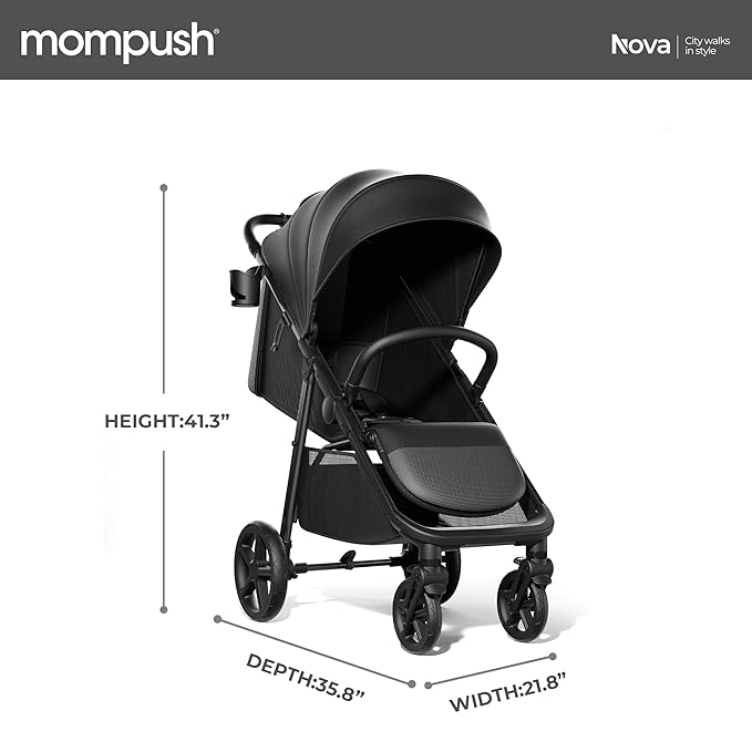 Mompush Nova Baby Stroller for Toddler, Infant & Newborn | Spacious Seat & Lie-Flat Mode | Compact One-Hand Fold, UPF 50+ Canopy & All-Wheel Suspension | Includes Rain Cover & Cup Holder