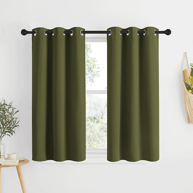 NICETOWN Short Blackout Curtains for Kitchen Window - Grommet Room Darkening Voice Reducing Solid Thermal Curtains & Drapes for Small Windows, Olive, W34 x L50, 2 Panels