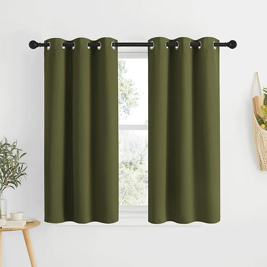NICETOWN Short Blackout Curtains for Kitchen Window - Grommet Room Darkening Voice Reducing Solid Thermal Curtains & Drapes for Small Windows, Olive, W34 x L50, 2 Panels