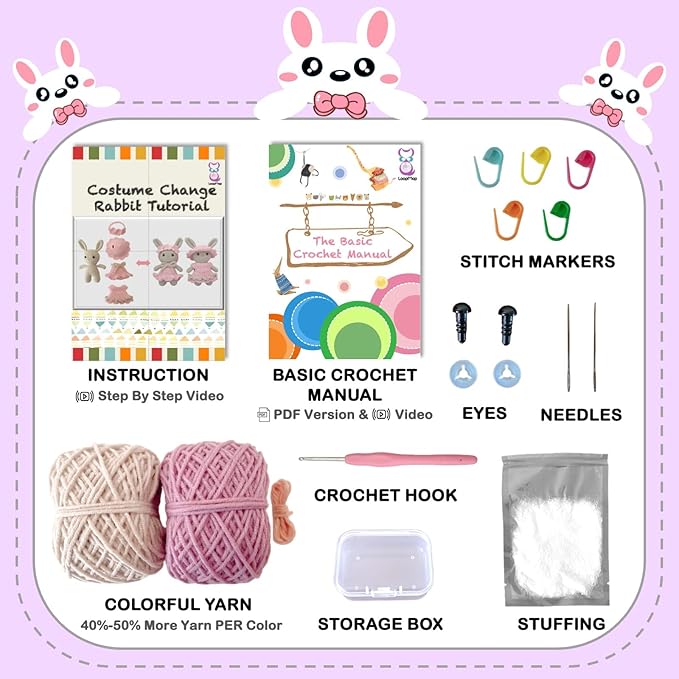 LoopMap Beginner Crochet Kit for Adults & Kids - DIY Amigurumi Bunny with Removable Dress & Accessories - Step-by-Step Video Tutorials, Extra Yarn, Crochet Tools - Handmade Gift (Bunny-Purple)