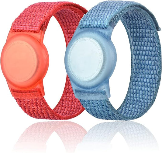 Kids Wristband Compatible with Apple AirTag, Protective Case for Air Tag GPS Tracker Holder with Nylon Bracelet, Adjustable Anti Lost Watch Band for Toddler Child Elder(Red & Blue)