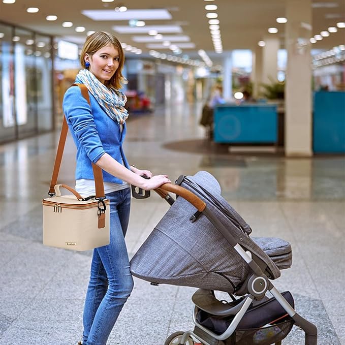 Breastmilk Cooler Bag with Ice Pack Fits 6 Baby Bottles Up to 5 Ounce, Baby Bottle Bag with Shoulder Strap for Nursing Mom Daycare, Cream