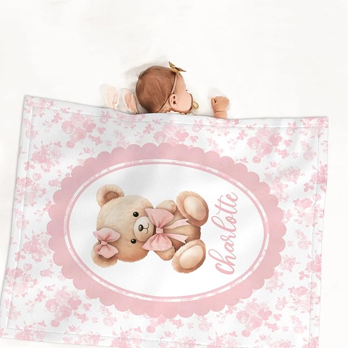 Custom Name Baby Girl Crib Bedding Set – Personalized 3-Piece Bear with Pink Bow Nursery Set with Soft Blanket, Fitted Crib Sheet & Pillowcase – Infant Toddler Bedding Gift for Newborn
