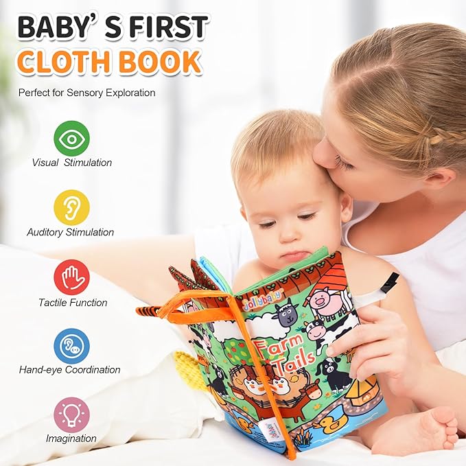 Jollybaby Baby Cloth Books, Touch & Feel Crinkle Soft Books, for Infants Babies, Toddler Early Educational Interactive Stroller Toys, Baby Girl & Boy Gift(Farm Tails)
