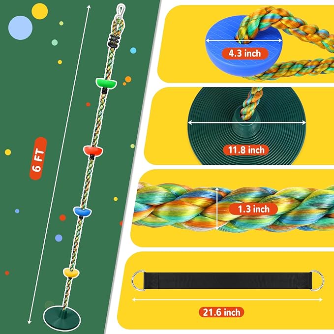 Tree Swing Climbing Rainbow Rope, Heavy Duty Swing Disc Seat Replacement for Kids with Hanging Strap and Platform Carabiners Indoor/Outdoor Playground Accessories (Green)