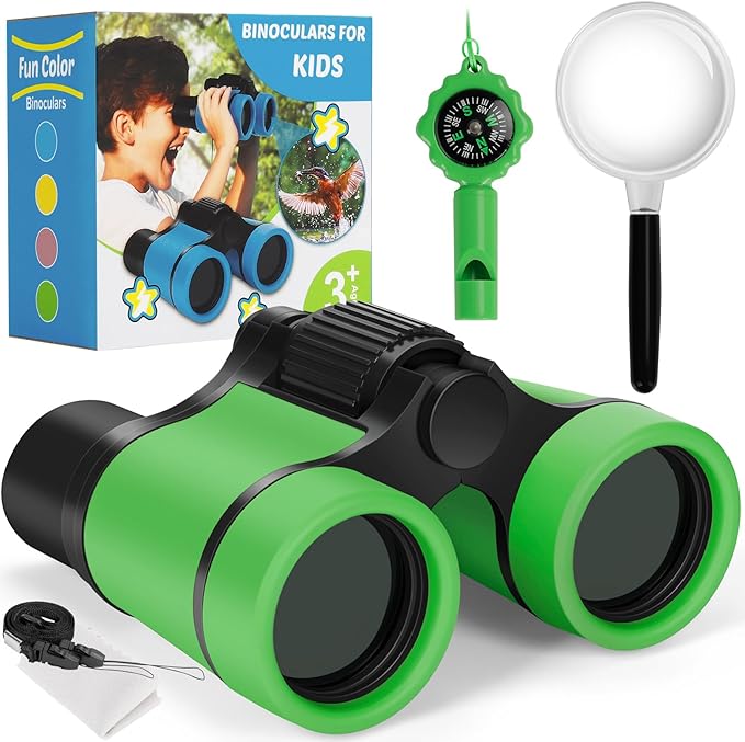 Binoculars for Kids, Kids Binoculars Toys for 3 4 5 6 7 8 Years Boys and Girls, Set with Magnifying Glass & Compass - Birthday Gifts Outdoor Toy for Kid Ages 3-8 Toddler Camping (Green)