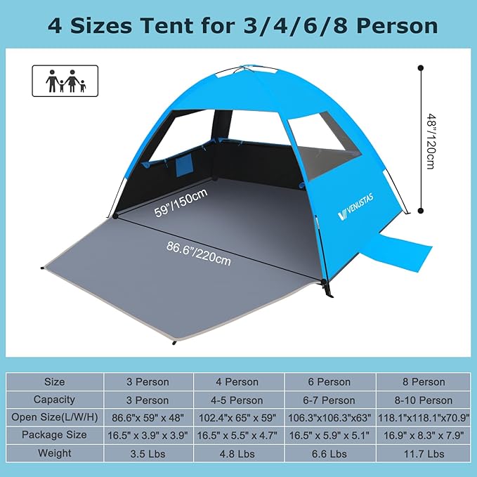 Venustas Beach Tent Sun Shelter for 3/4-5/6-7/8-10 Person, UPF 50+ UV Protection Beach Canopy, Lightweight and Easy Setup Cabana, Portable Shade Tent