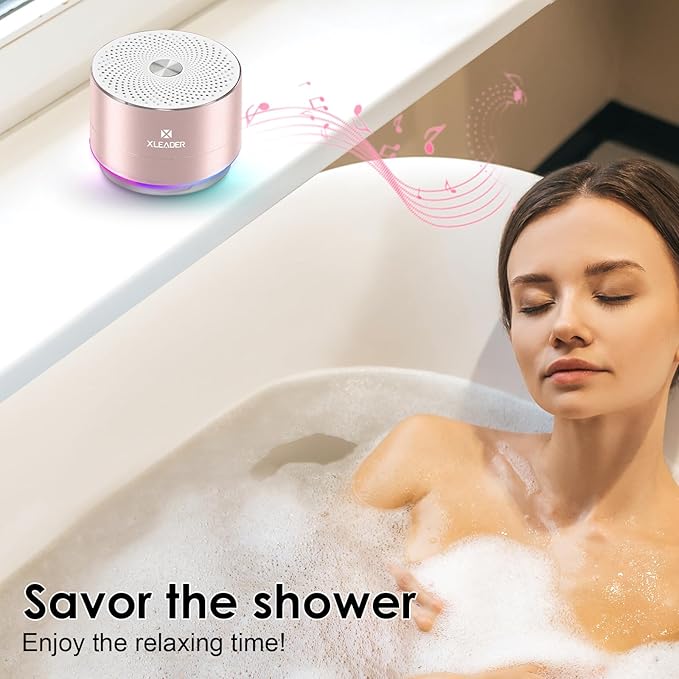 Mini Bluetooth Shower Speaker, IPX6 Waterproof Speaker, with RGB Lights, Mic, Portable Silicone Lanyard, Suction Cup, Clear Sound&Rich Bass, 12h Playtime, Small Pink Gifts for Girls Women