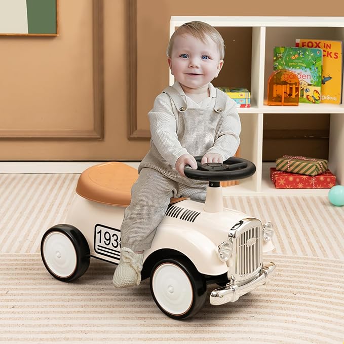 HONEY JOY Ride On Push Car, Outdoor Toddler Riding Toys w/Steering Wheel, Horn & Storage, Foot-to-Floor Sliding Car, No Batteries, Retro Baby Ride On Toys for Boys and Girls (White)
