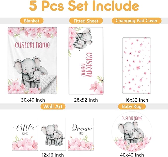Personalized Crib Bedding Set, 5 Pcs Custom Nursery Bedding Sets with Name, Infant Bedding Set for Baby Girls, Pink Elephant Double Layer Baby Crib Set, Babies Toddlers Kids Customized Gifts