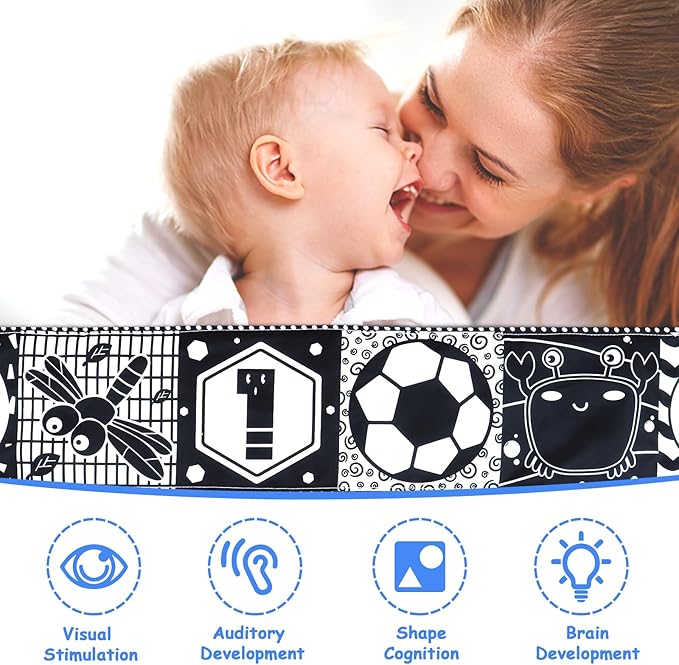 KUANGO Newborn Toys Black and White Baby Toys 0-3 Months High Contrast Baby Toys for Newborn - High Contrast Baby Soft Book Infant Tummy Time Toys Crinkle Sensory Toys for Brain Development