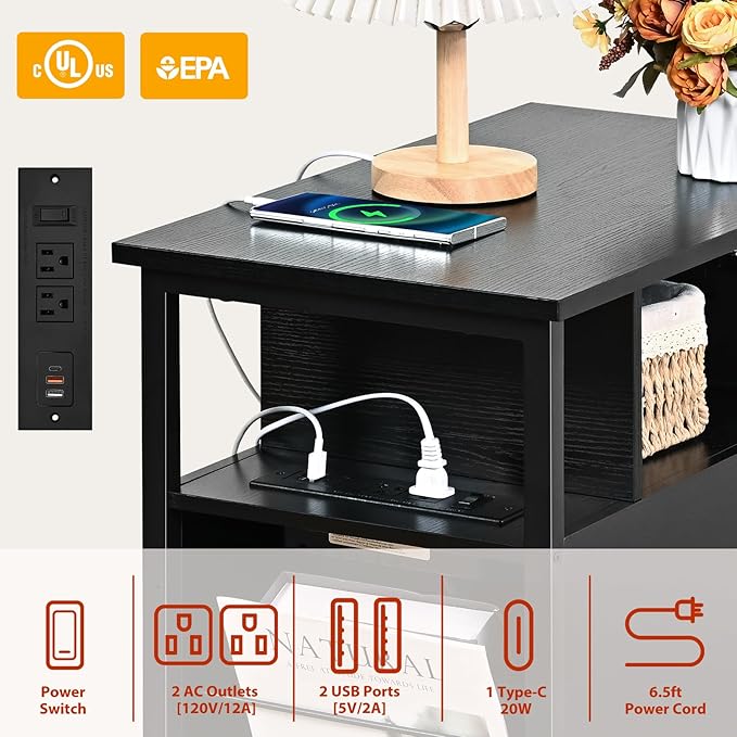 Black Side Tables, End Table with Charging Station, Narrow End Table with 2 Wooden Drawers, USB Ports and Power Outlets, Slim Nightstand and Bedside Table, End Tables Living Room, Bedroom