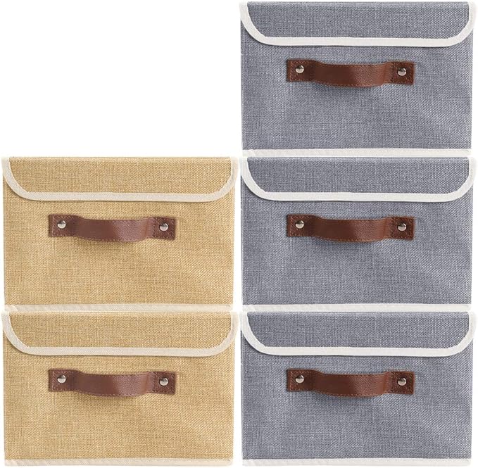 Lucky Monet Storage Bins Boxes with Lids 2 Pack Decorative Storage Boxes Collapsible Fabric Storage Basket Containers Lidded Storage Cube for Organizing Closet Home Office, 10"x 8"x 7" (Khaki)