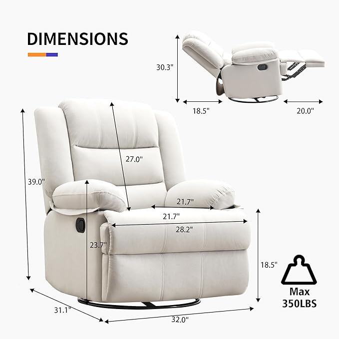 Swivel Rocking Recliner Chair for Adults, Overstuffed Manual Glider Rocker Recliner Chairs, Upholstered Reclining Single Sofa for Living Room Nursery (Beige)