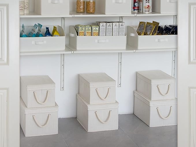 StorageWorks Large Storage Bins with Lids, Decorative Storage Boxes with Lid and Soft Rope Handles, Foldable Storage Baskets for Closet, Shelves, Stackable, Ivory and White, 3-Pack