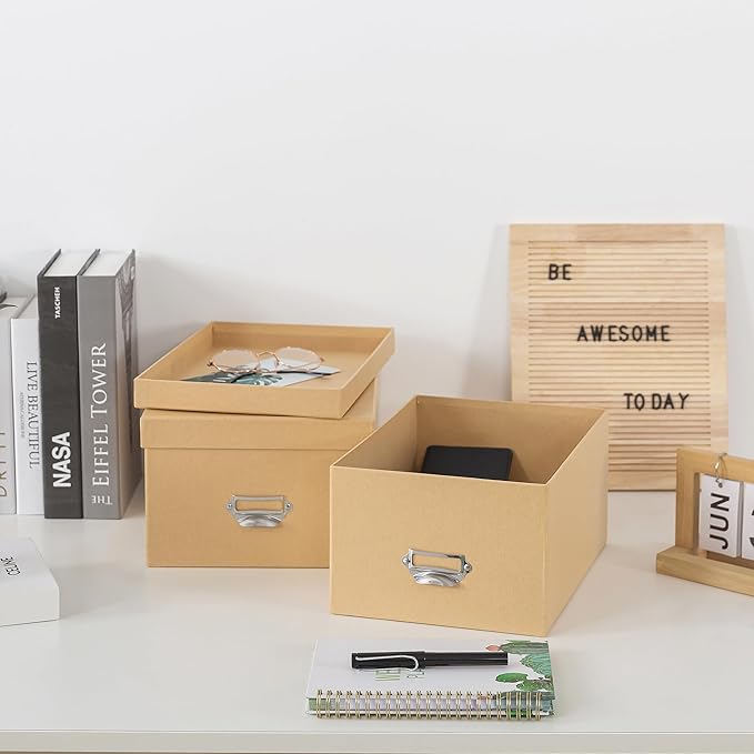 Soul & Lane Kraft Decorative Cardboard Storage Boxes with Lids, Set of 2 Stacking Keepsake Photo and Memory Boxes for Home & Office, Elegant Paperboard Organizers with Label Holders and Drawer Pulls