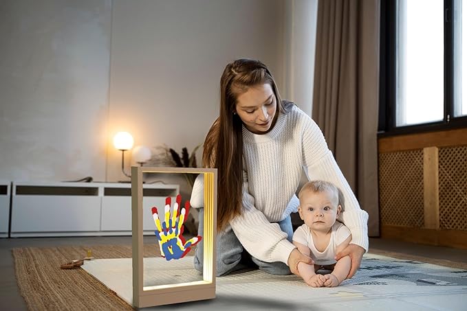 CHERRY CHEERS Family Handprint Kit with Light, Handprint Keepsake Frame, Wooden Led Light, Easy Install, No Need Screw etc, Non-Toxic Paints (White)